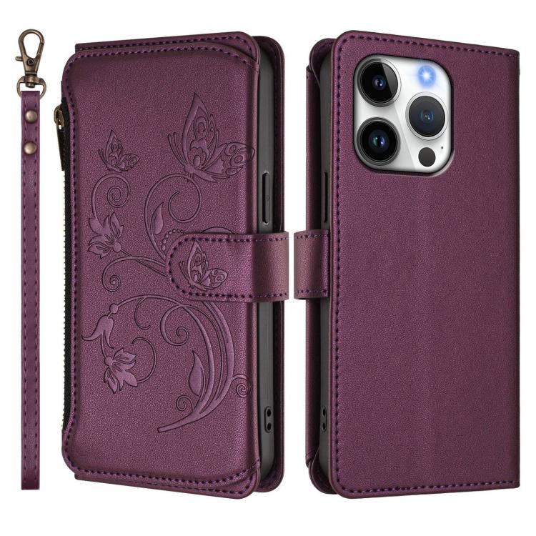 Capa para telemóvel em pele com carteira com fecho e múltiplos cartões Butterfly Love Flower, para iPhone 16 Pro, para iPhone 16 Plus, para iPhone 16, para iPhone 15 Pro Max, para iPhone 15 Pro, para iPhone 15 Plus