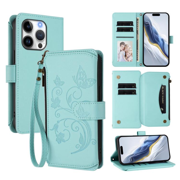 Capa para telemóvel em pele com carteira com fecho e múltiplos cartões Butterfly Love Flower, para iPhone 16 Pro, para iPhone 16 Plus, para iPhone 16, para iPhone 15 Pro Max, para iPhone 15 Pro, para iPhone 15 Plus