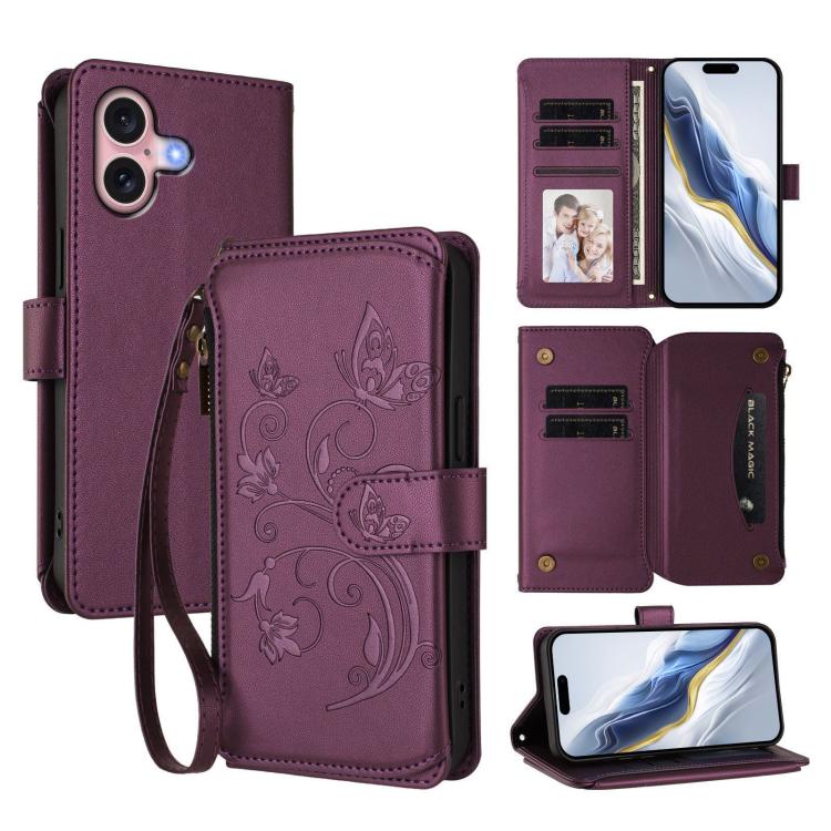 Capa para telemóvel em pele com carteira com fecho e múltiplos cartões Butterfly Love Flower, para iPhone 16 Pro, para iPhone 16 Plus, para iPhone 16, para iPhone 15 Pro Max, para iPhone 15 Pro, para iPhone 15 Plus