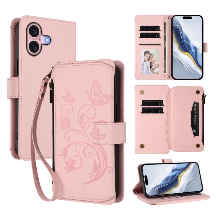 Capa para telemóvel em pele com carteira com fecho e múltiplos cartões Butterfly Love Flower, para iPhone 16 Pro, para iPhone 16 Plus, para iPhone 16, para iPhone 15 Pro Max, para iPhone 15 Pro, para iPhone 15 Plus