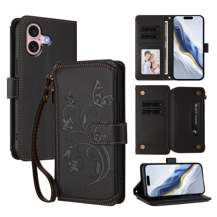 Capa para telemóvel em pele com carteira com fecho e múltiplos cartões Butterfly Love Flower, para iPhone 16 Pro, para iPhone 16 Plus, para iPhone 16, para iPhone 15 Pro Max, para iPhone 15 Pro, para iPhone 15 Plus