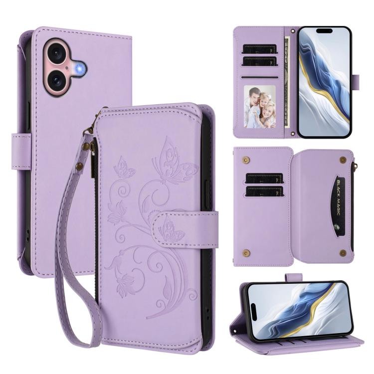 Capa para telemóvel em pele com carteira com fecho e múltiplos cartões Butterfly Love Flower, para iPhone 16 Pro, para iPhone 16 Plus, para iPhone 16, para iPhone 15 Pro Max, para iPhone 15 Pro, para iPhone 15 Plus