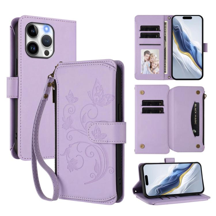 Capa para telemóvel em pele com carteira com fecho e múltiplos cartões Butterfly Love Flower, para iPhone 16 Pro, para iPhone 16 Plus, para iPhone 16, para iPhone 15 Pro Max, para iPhone 15 Pro, para iPhone 15 Plus