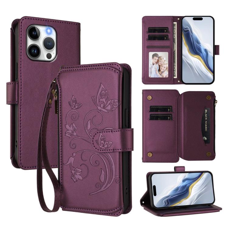 Capa para telemóvel em pele com carteira com fecho e múltiplos cartões Butterfly Love Flower, para iPhone 16 Pro, para iPhone 16 Plus, para iPhone 16, para iPhone 15 Pro Max, para iPhone 15 Pro, para iPhone 15 Plus