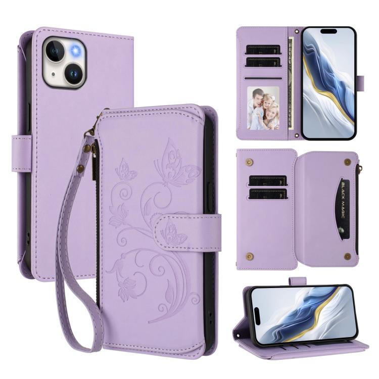Capa para telemóvel em pele com carteira com fecho e múltiplos cartões Butterfly Love Flower, para iPhone 16 Pro, para iPhone 16 Plus, para iPhone 16, para iPhone 15 Pro Max, para iPhone 15 Pro, para iPhone 15 Plus