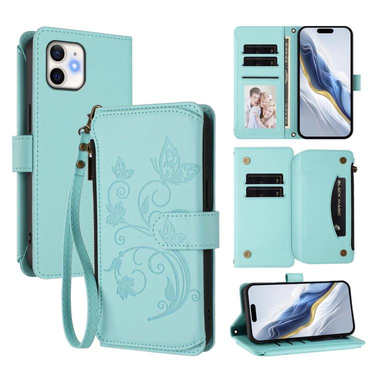 Carteira de couro com fecho de correr, multi-cartões, com padrão de borboleta, amor e flores, para iPhone 11 Pro Max, para iPhone 11, para iPhone 11 Pro, para iPhone X / XS, para iPhone XR, para iPhone XS Max