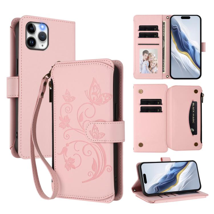 Carteira de couro com fecho de correr, multi-cartões, com padrão de borboleta, amor e flores, para iPhone 11 Pro Max, para iPhone 11, para iPhone 11 Pro, para iPhone X / XS, para iPhone XR, para iPhone XS Max