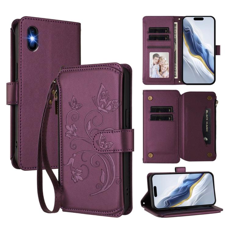 Carteira de couro com fecho de correr, multi-cartões, com padrão de borboleta, amor e flores, para iPhone 11 Pro Max, para iPhone 11, para iPhone 11 Pro, para iPhone X / XS, para iPhone XR, para iPhone XS Max