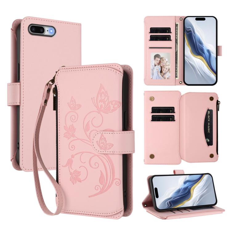 Carteira de couro com fecho de correr, multi-cartões, com padrão de borboleta, amor e flores, para iPhone 7 Plus / 8 Plus