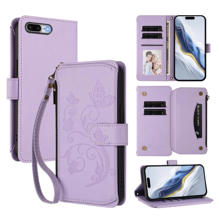 Carteira de couro com fecho de correr, multi-cartões, com padrão de borboleta, amor e flores, para iPhone 7 Plus / 8 Plus