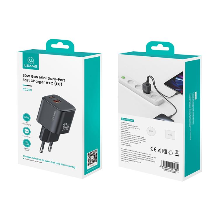 Carregador Rápido Mini USAMS CC263 30W GaN USB-C / Type-C, USB Dual-port, CC263
