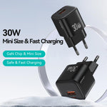 Carregador Rápido Mini USAMS CC263 30W GaN USB-C / Type-C, USB Dual-port, CC263