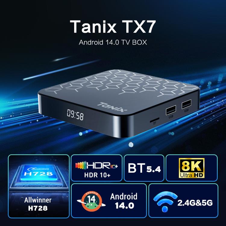 Tanix TX7 8K UHD Android 14 Smart TV Box com Comando à Distância, Allwinner H728 Octa-Core, 2GB+16GB, 4GB+32GB