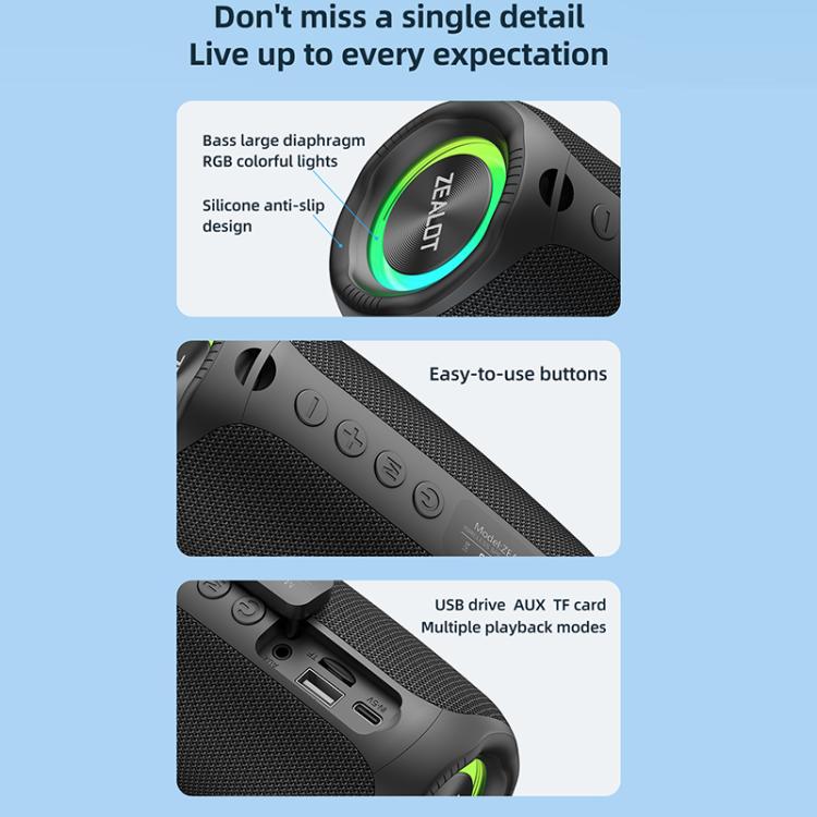 Zealot M2 Coluna Bluetooth RGB Portátil 8W para Exterior, com 2 Microfones, com 1 Microfone