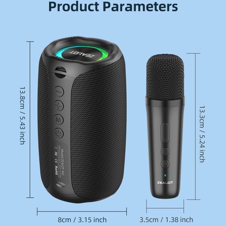 Zealot M2 Coluna Bluetooth RGB Portátil 8W para Exterior, com 2 Microfones, com 1 Microfone