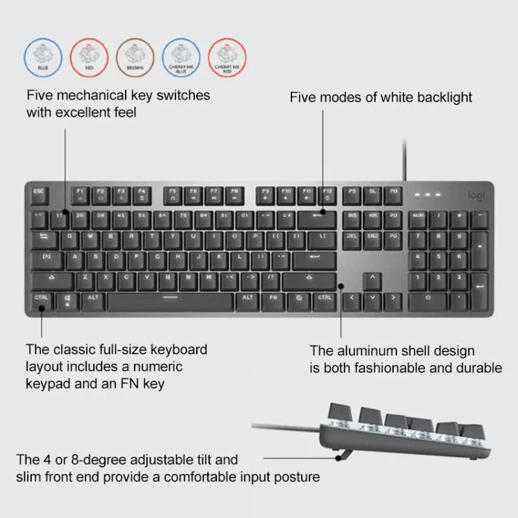 Teclado Mecânico com Fios e Retroiluminação Logitech K845, Comprimento do Cabo: 1,8m, Eixo Longhua Castanho, Eixo Longhua Vermelho