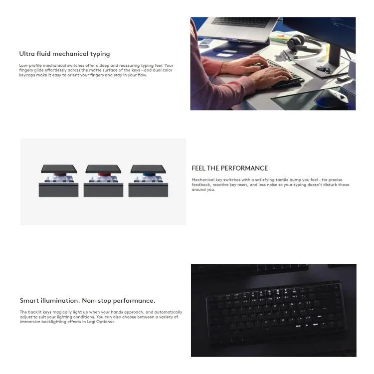 Logitech MX Mini Compact Smart Backlit Wireless Bluetooth Mechanical Keyboard, Tea Shaft, Blue Shaft