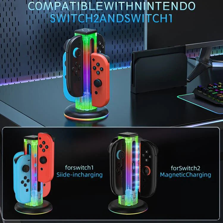 Base de Carregamento para Comando de Jogo 4 em 1 com Luz RGB JYS NS2318, Para Nintendo Switch 1 / 2, JYS-NS2318