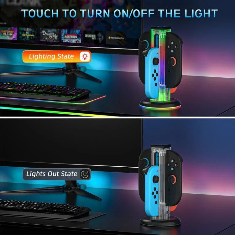 Base de Carregamento para Comando de Jogo 4 em 1 com Luz RGB JYS NS2318, Para Nintendo Switch 1 / 2, JYS-NS2318