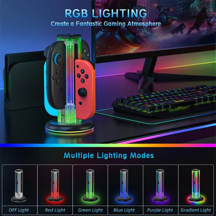Base de Carregamento para Comando de Jogo 4 em 1 com Luz RGB JYS NS2318, Para Nintendo Switch 1 / 2, JYS-NS2318