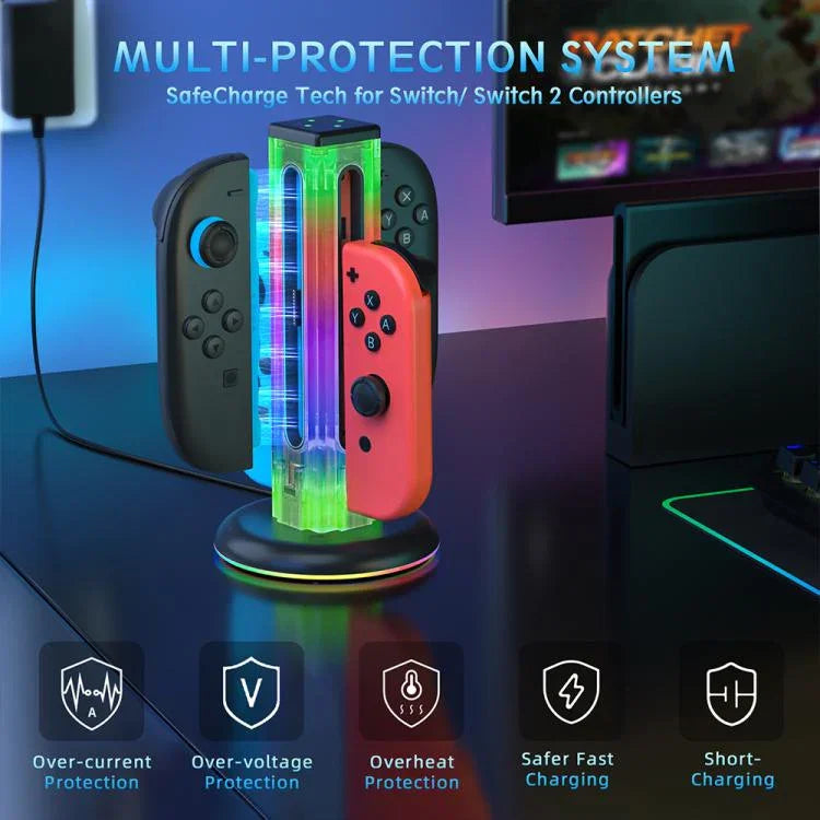 Base de Carregamento para Comando de Jogo 4 em 1 com Luz RGB JYS NS2318, Para Nintendo Switch 1 / 2, JYS-NS2318