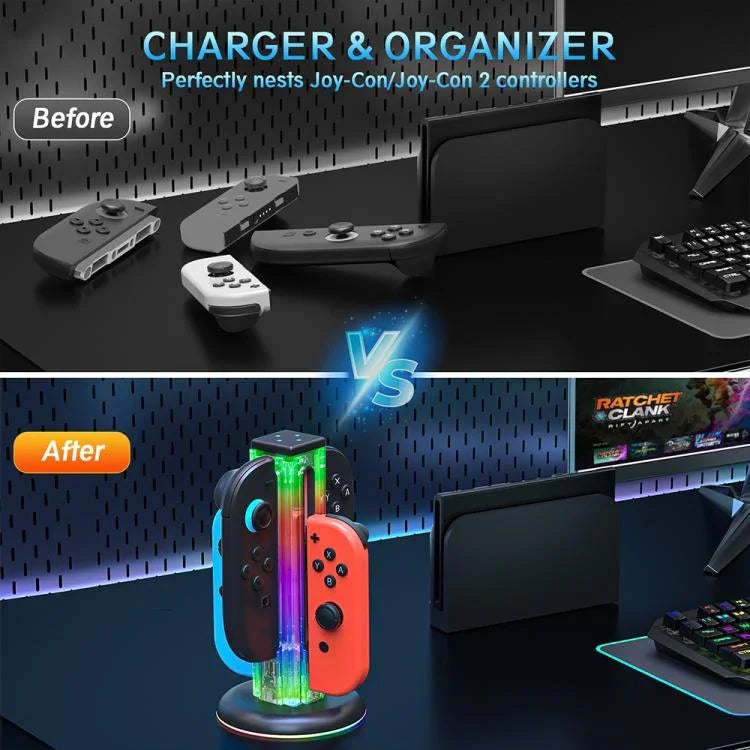 Base de Carregamento para Comando de Jogo 4 em 1 com Luz RGB JYS NS2318, Para Nintendo Switch 1 / 2, JYS-NS2318