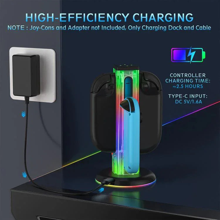 Base de Carregamento para Comando de Jogo 4 em 1 com Luz RGB JYS NS2318, Para Nintendo Switch 1 / 2, JYS-NS2318