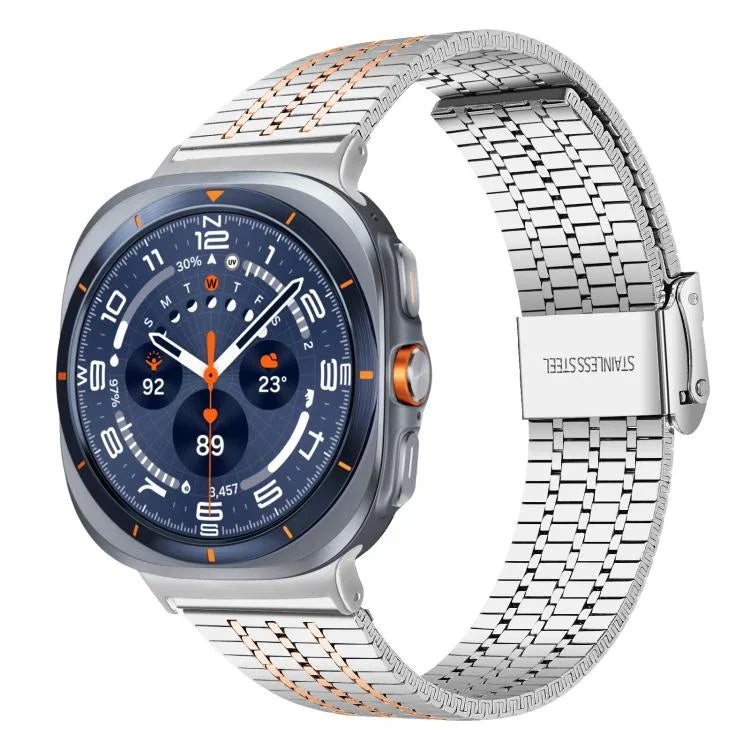 Correia de Aço Inoxidável xDfind com Fivela de Sete Contas, Para Samsung Galaxy Watch Ultra / Ultra 2025, Para Samsung Galaxy Watch8 / 8 Classic, Para Samsung Galaxy Watch 7 / 6 / 5 / FE