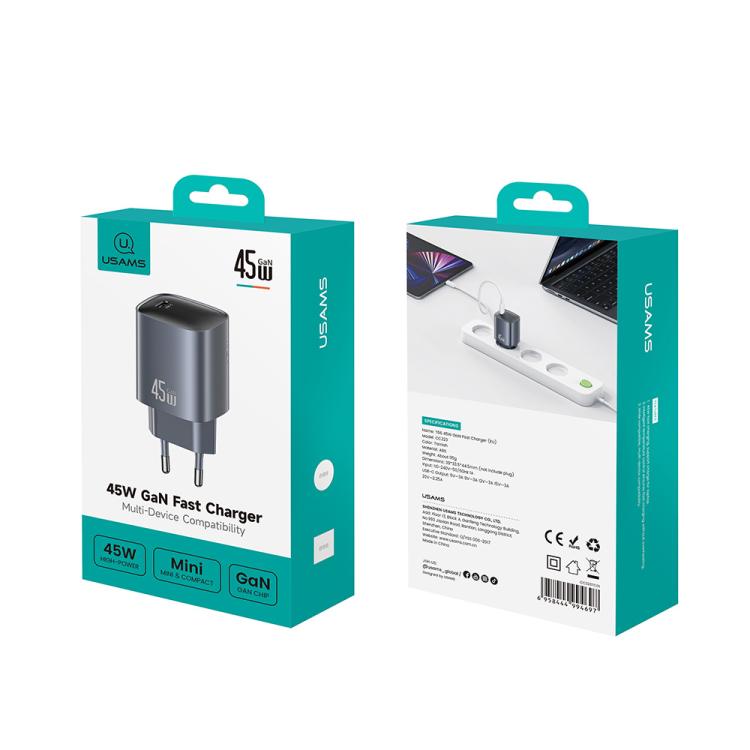 USAMS CC323 T66 Carregador Rápido GaN 45W USB-C / Type-C, Ficha UE, CC323