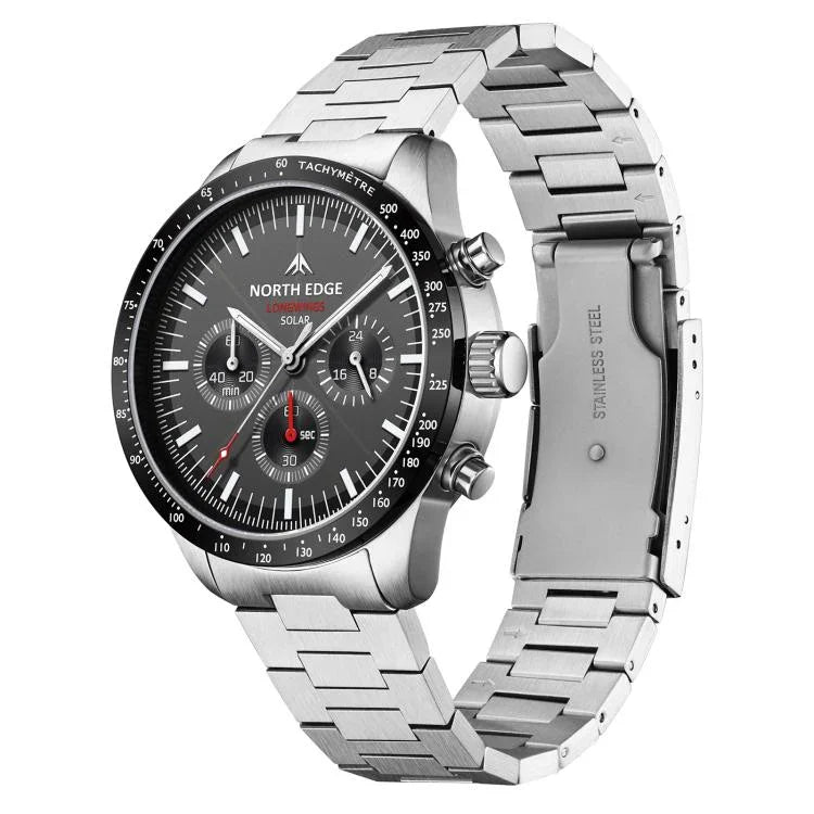 NORTH EDGE LONGWINGS Outdoor Men Solar Charging Stainless Steel Strap Sports Watch