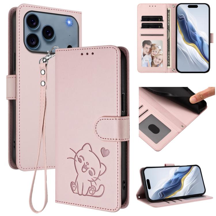 Capa para Telemóvel em Couro com Gato em Relevo e Coração com Alça de Mão, Para iPhone 17e / 16e, Para iPhone 17 Pro Max, Para iPhone 17 Pro, Para iPhone 17