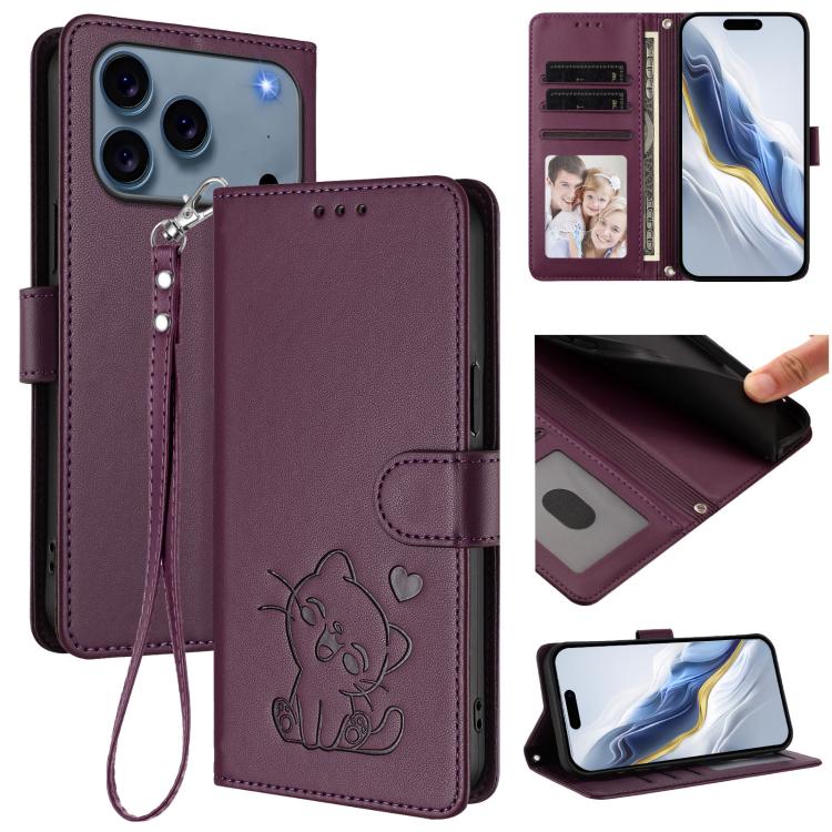Capa para Telemóvel em Couro com Gato em Relevo e Coração com Alça de Mão, Para iPhone 17e / 16e, Para iPhone 17 Pro Max, Para iPhone 17 Pro, Para iPhone 17