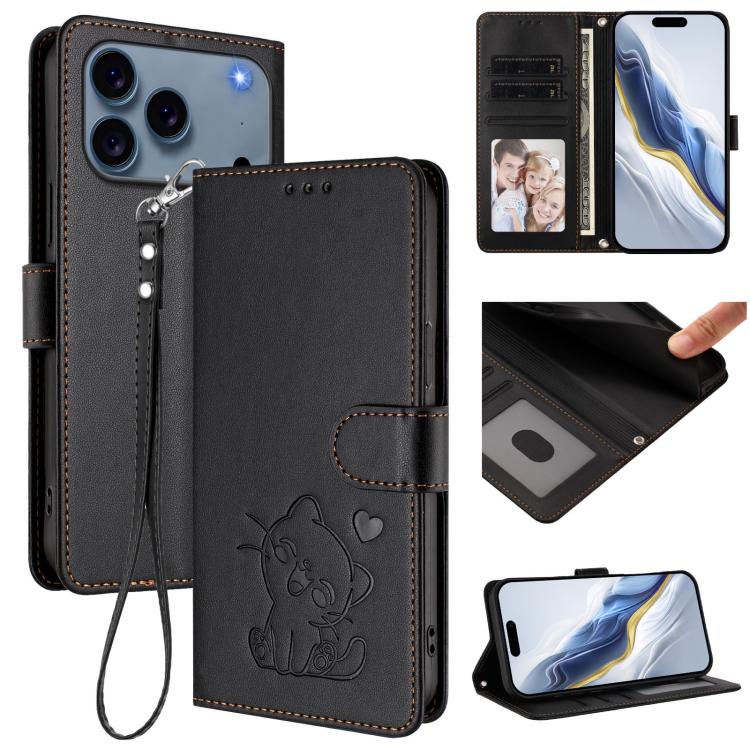 Capa para Telemóvel em Couro com Gato em Relevo e Coração com Alça de Mão, Para iPhone 17e / 16e, Para iPhone 17 Pro Max, Para iPhone 17 Pro, Para iPhone 17