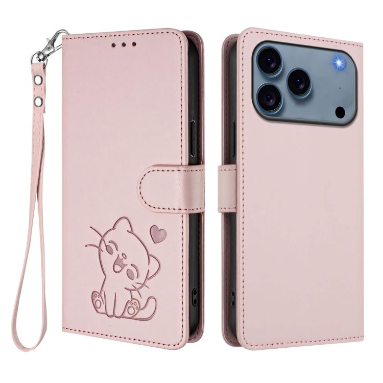Capa para Telemóvel em Couro com Gato em Relevo e Coração com Alça de Mão, Para iPhone 17e / 16e, Para iPhone 17 Pro Max, Para iPhone 17 Pro, Para iPhone 17