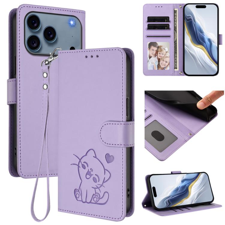 Capa para Telemóvel em Couro com Gato em Relevo e Coração com Alça de Mão, Para iPhone 17e / 16e, Para iPhone 17 Pro Max, Para iPhone 17 Pro, Para iPhone 17