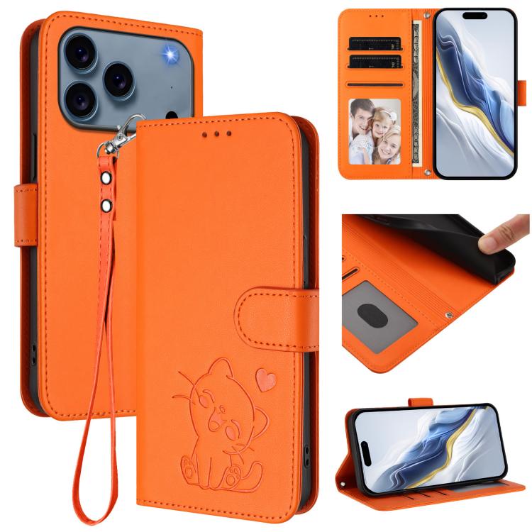 Capa para Telemóvel em Couro com Gato em Relevo e Coração com Alça de Mão, Para iPhone 17e / 16e, Para iPhone 17 Pro Max, Para iPhone 17 Pro, Para iPhone 17