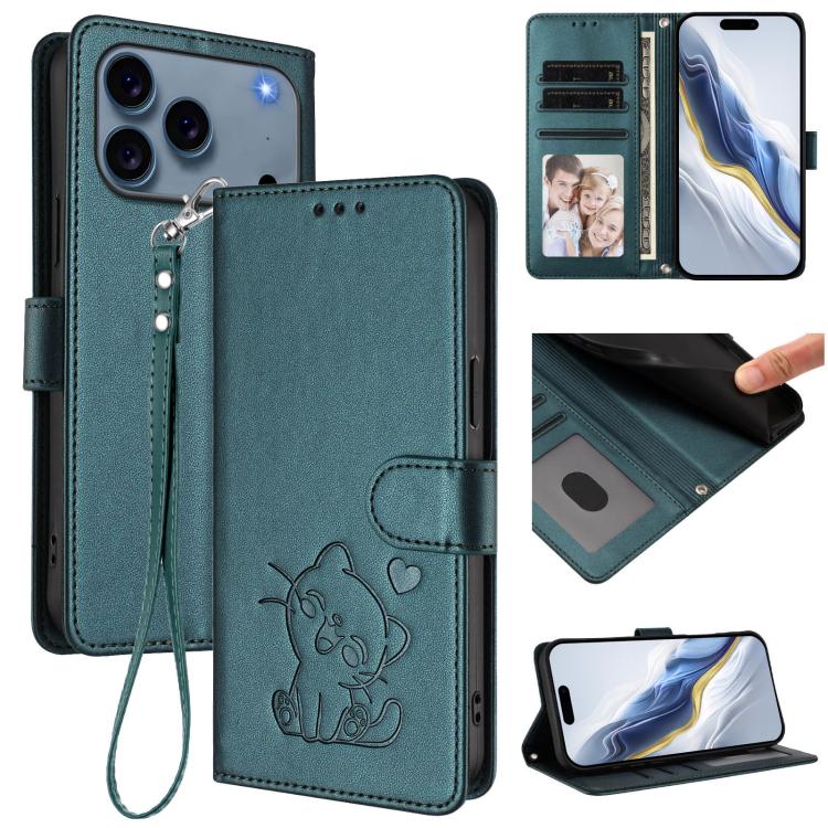 Capa para Telemóvel em Couro com Gato em Relevo e Coração com Alça de Mão, Para iPhone 17e / 16e, Para iPhone 17 Pro Max, Para iPhone 17 Pro, Para iPhone 17
