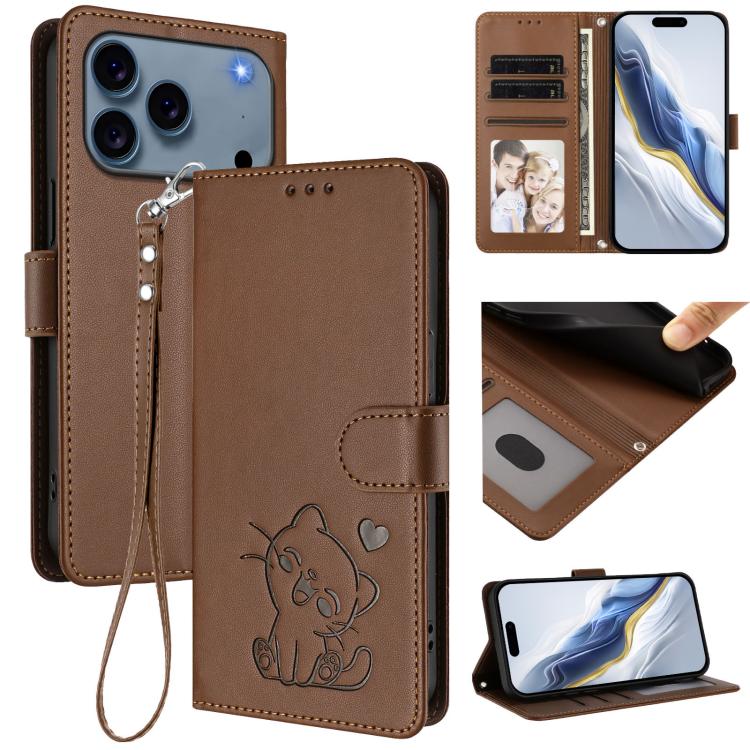 Capa para Telemóvel em Couro com Gato em Relevo e Coração com Alça de Mão, Para iPhone 17e / 16e, Para iPhone 17 Pro Max, Para iPhone 17 Pro, Para iPhone 17