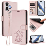 Capa para Telemóvel em Couro com Gato em Relevo e Coração com Alça de Mão, Para iPhone 17e / 16e, Para iPhone 17 Pro Max, Para iPhone 17 Pro, Para iPhone 17