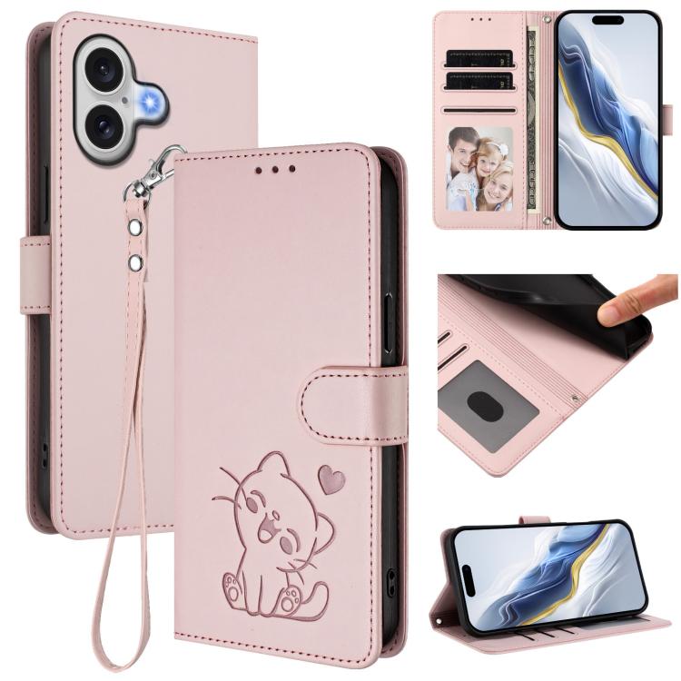 Capa para Telemóvel em Couro com Gato em Relevo e Coração com Alça de Mão, Para iPhone 17e / 16e, Para iPhone 17 Pro Max, Para iPhone 17 Pro, Para iPhone 17