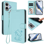 Capa para Telemóvel em Couro com Gato em Relevo e Coração com Alça de Mão, Para iPhone 17e / 16e, Para iPhone 17 Pro Max, Para iPhone 17 Pro, Para iPhone 17