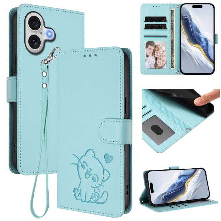 Capa para Telemóvel em Couro com Gato em Relevo e Coração com Alça de Mão, Para iPhone 17e / 16e, Para iPhone 17 Pro Max, Para iPhone 17 Pro, Para iPhone 17