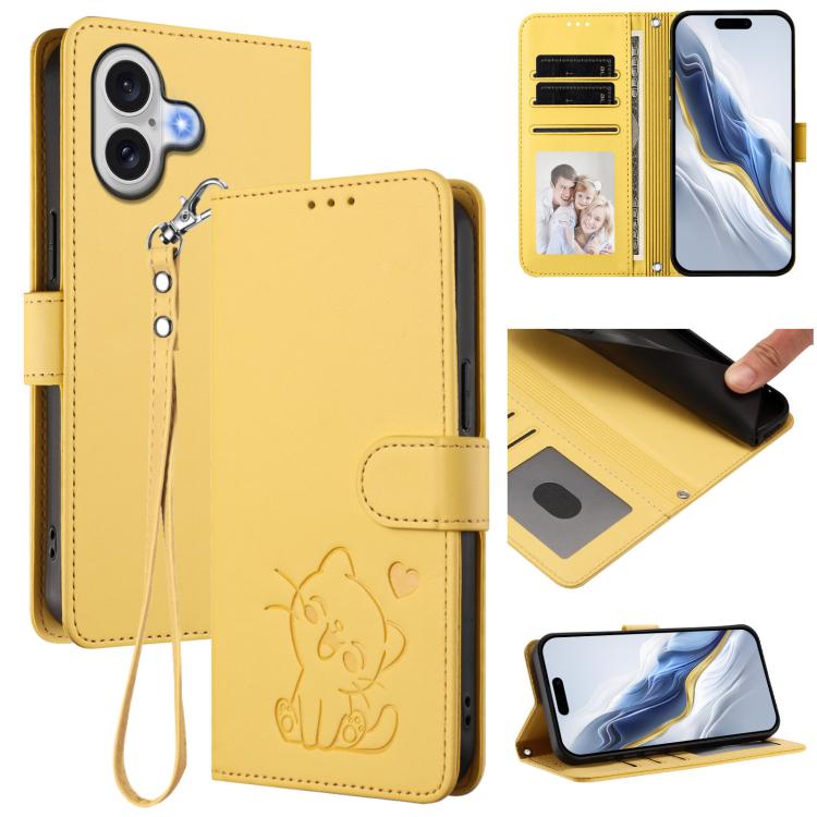 Capa para Telemóvel em Couro com Gato em Relevo e Coração com Alça de Mão, Para iPhone 17e / 16e, Para iPhone 17 Pro Max, Para iPhone 17 Pro, Para iPhone 17