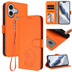 Capa para Telemóvel em Couro com Gato em Relevo e Coração com Alça de Mão, Para iPhone 17e / 16e, Para iPhone 17 Pro Max, Para iPhone 17 Pro, Para iPhone 17