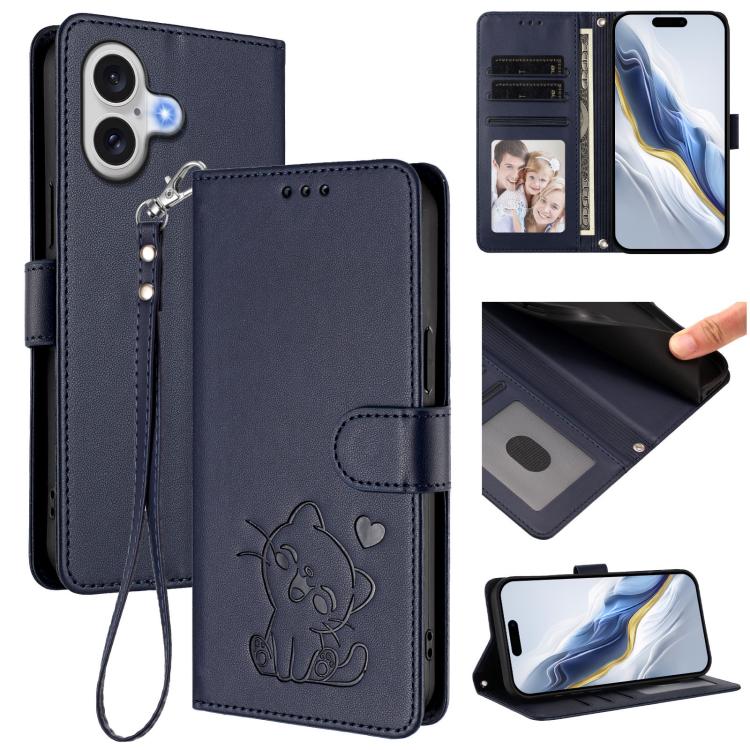 Capa para Telemóvel em Couro com Gato em Relevo e Coração com Alça de Mão, Para iPhone 17e / 16e, Para iPhone 17 Pro Max, Para iPhone 17 Pro, Para iPhone 17