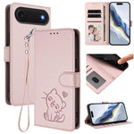 Capa para Telemóvel em Couro com Gato em Relevo e Coração com Alça de Mão, Para iPhone Air, Para iPhone 16 Pro Max, Para iPhone 16 Pro, Para iPhone 16 Plus