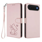 Capa para Telemóvel em Couro com Gato em Relevo e Coração com Alça de Mão, Para iPhone Air, Para iPhone 16 Pro Max, Para iPhone 16 Pro, Para iPhone 16 Plus