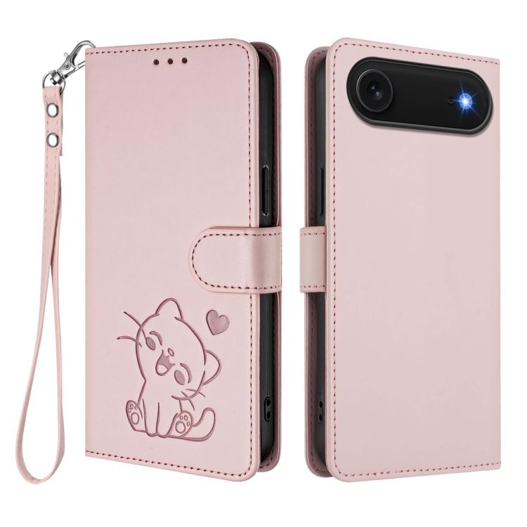 Capa para Telemóvel em Couro com Gato em Relevo e Coração com Alça de Mão, Para iPhone Air, Para iPhone 16 Pro Max, Para iPhone 16 Pro, Para iPhone 16 Plus