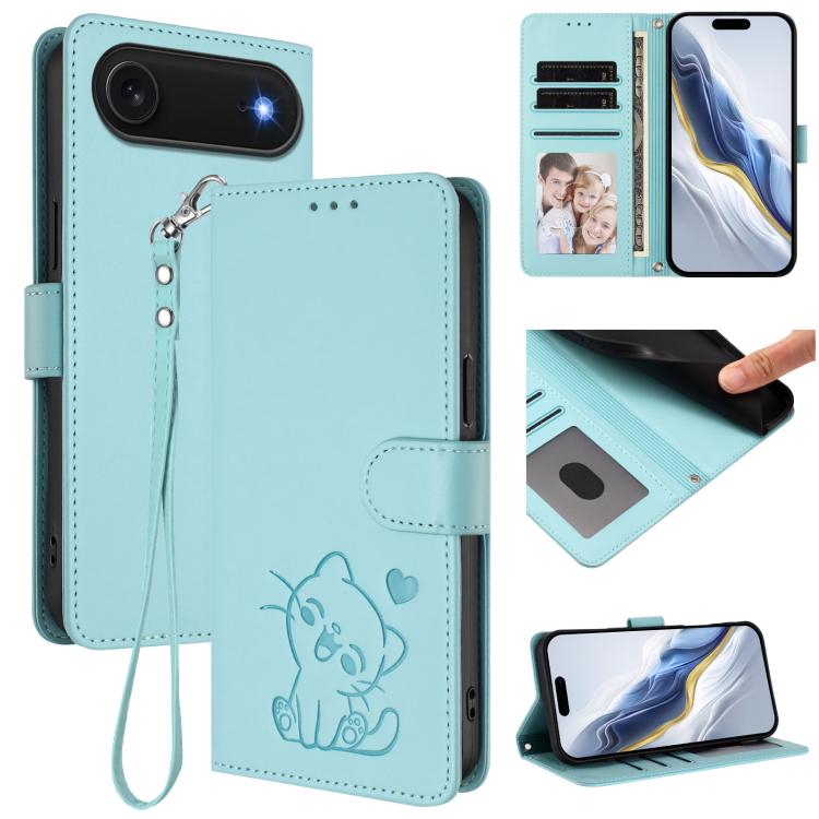 Capa para Telemóvel em Couro com Gato em Relevo e Coração com Alça de Mão, Para iPhone Air, Para iPhone 16 Pro Max, Para iPhone 16 Pro, Para iPhone 16 Plus