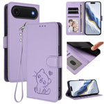 Capa para Telemóvel em Couro com Gato em Relevo e Coração com Alça de Mão, Para iPhone Air, Para iPhone 16 Pro Max, Para iPhone 16 Pro, Para iPhone 16 Plus